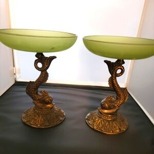 Green Frosted Glass Compote on Bronze Colored Metal Base